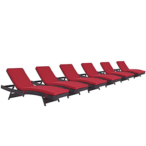 Modern Contemporary Urban Design Outdoor Patio Balcony Chaise Lounge Chair (Set of 6), Red, Rattan