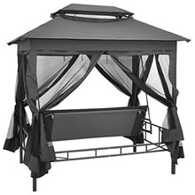 Outdoor 3-Person Convertible Swing Bench with Canopy, Anthracite Powder-Coated Steel Patio Bed, Backyard Garden Lounge Chair with Curtains and Pillows