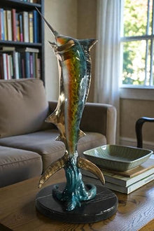 Nifao Marlin Jumping Ocean Fishing Medium Bronze Statue, 14"L x 14"W x 41"H