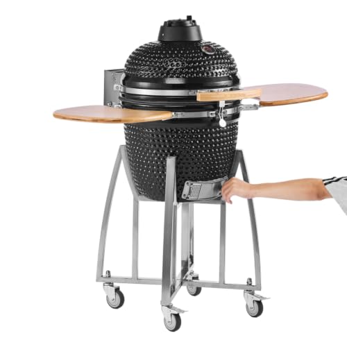 Charcoal Grill, 18" Charcoal BBQ Smoker, Movable Ceramic Barbecue Grill with Wheels, Built-in Thermometer, Air Vents & Side Shelf, Perfectfor Outdoor Patio Yard Cooking