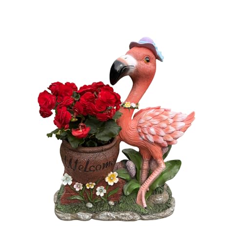 Outdoor Flamingo Planter Urn with Solar LED Lights, Resin Welcome Garden Statue Flower Container for Patio Porch Balcony Courtyard Walkway Lawn Entryway Decorative Yard Accent (Female Flamingo)