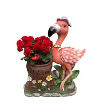 Outdoor Flamingo Planter Urn with Solar LED Lights, Resin Welcome Garden Statue Flower Container for Patio Porch Balcony Courtyard Walkway Lawn Entryway Decorative Yard Accent (Female Flamingo)