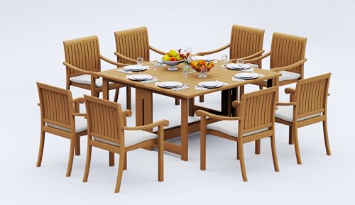 WholesaleTeak 8 Seats 9 Pcs Grade-A Teak Wood Dining Set: 60" Square Rectangle Butterfly Table and 8 Napa Stacking Arm Chairs #11NP1408