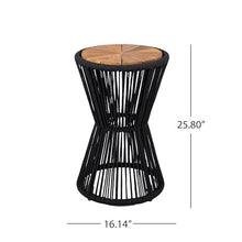 Merax 2 Pieces Round Outdoor Side Table Set, Bohemian Patio Side Tables with Acacia Wood Top and Black Handwoven Rope Base for Garden, Pool, Yard, Elegant Hourglass Design, No Assembly, 25.8" Height