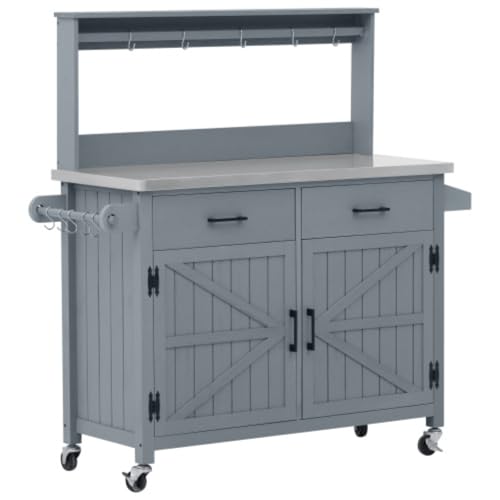 Daklpiw 54.1" Outdoor Kitchen Island with Wheels for Food Prep, Bar, Rolling Outdoor Grill Table for Outside, Outside Cooking Table, Grill Carts, Cooking Station, Modular, Solid Wood, Grey Blue