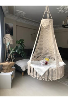 Large Macrame Hammock Swing Chair, Handmade Cotton Rope, 39.4 in Seat, 330.8 lb Capacity, Modern Style, Includes Ceiling Mounts - Ecru