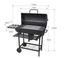 Charcoal Grill Barrel Style BBQ with Thermometer, Chrome-Plated Grates, Ash Catcher, Mobile Cart & Large Wooden Shelves for Outdoor Cooking