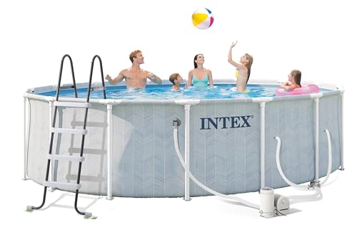 INTEX 26745EP 16ft X 48in Chevron Prism Frame Premium Above Ground Swimming Pool Set with 1500 GPH Filter Pump, Removable Ladder, Ground Cloth, Pool Cover