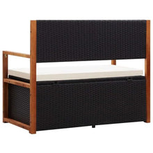 Favemtsl 45.3" Outdoor Storage Bench - Poly Rattan Garden Bench with Solid Acacia Wood Armrests, Large Capacity Patio Seat with Removable Cushion for Backyard, Porch and Indoor Use, Black
