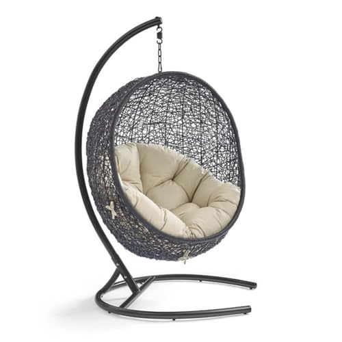 Modway Encase Modern Rattan/Fabric Outdoor Swing Chair with Stand in Black/Beige