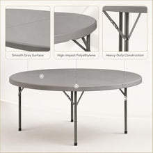 SHADOW TRADE 72 Inch Gray Round Folding Table, Heavy Duty Plastic Banquet Table with Gray Steel Legs, Blow Molded Portable Dining Table for Events, Parties, Catering, Indoor Outdoor Use (Set 10 Pack)