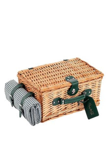 4 Person Picnic Basket Hand-Woven Wicker Picnic Set with Green Gingham Lining and Insulated Compartment - 25.6 x 13 x 9.8 inches - Brown