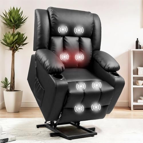 Large Power Lift Lay Flat Recliner for Adults, Electric Reclining Chair with Massage and Heat, Remote Control and Cup Holders, Comfortable Dual Motor Breathable Leather Sofa