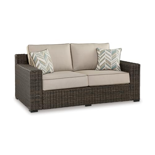 Signature Design by Ashley Coastline Bay Outdoor Loveseat, Rust-Free Aluminum Frame with Nuvella Cushions and Handwoven All-Weather Resin Wicker, Deep Seating 2 Person Patio Sofa, Brown and Beige