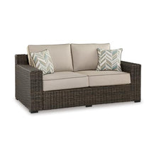 Signature Design by Ashley Coastline Bay Outdoor Loveseat, Rust-Free Aluminum Frame with Nuvella Cushions and Handwoven All-Weather Resin Wicker, Deep Seating 2 Person Patio Sofa, Brown and Beige