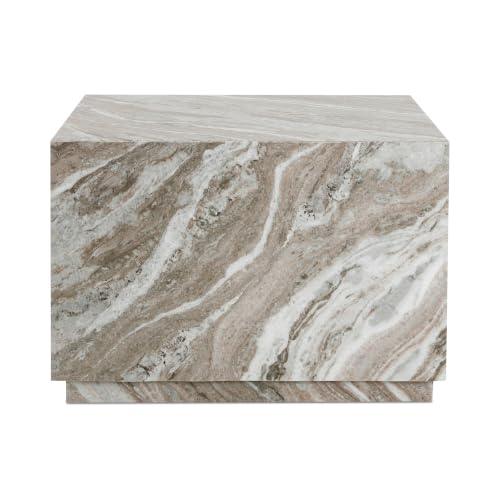 NADAAL STUDIOS Renvale Outdoor Coffee Table, Square, Toronto Marble Top, Waterproof Plywood, Aluminum Corners, Light Brown