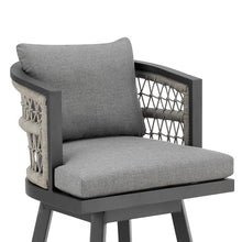 Armen Living Zella Outdoor Patio Swivel Bar Stool Aluminum Light Gray Rope Earl Gray Cushions
