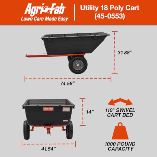 Agri-Fab 45-0553, 1,000-Pound Capacity Poly Swiveling Tow Behind Dump Cart, 18 Cubic Feet Capacity, 80 Degree swiveling, 52 Degree Dumping, 16-Inch x 6.5-Inch Pneumatic Turf Tread Tires
