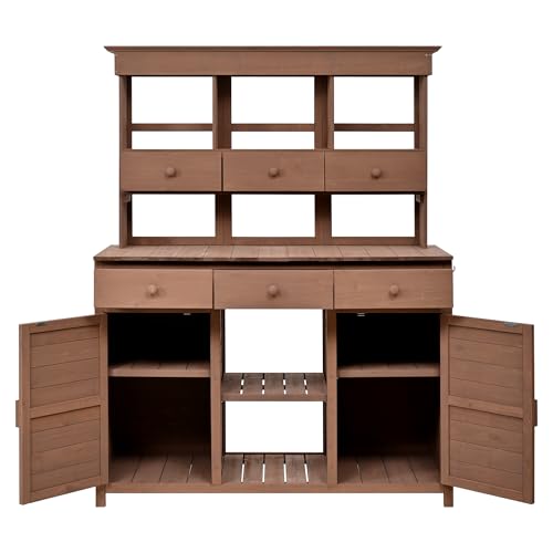 65.7" Tall Garden Potting Bench Table with Hutch, Outdoor Patio Storage Workstation, Featuring 3 Shelves, 6 Drawers, 2 Bottom Cabinets & Side Hooks - Ideal for Mudroom, Doorway (Brown, 65.7'' H)