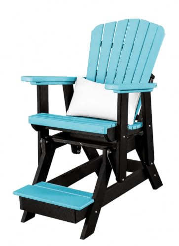 DutchCrafters Slat Fan Back Poly Balcony Adirondack Glider with Footrest Outdoor Patio Chair (Black & Aruba Blue)