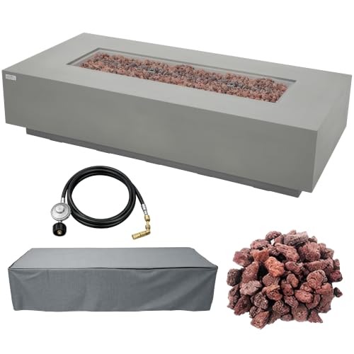 AMS 72" Rectangular Cast Concrete Propane Gas Fire Pit Table (Light Gray)