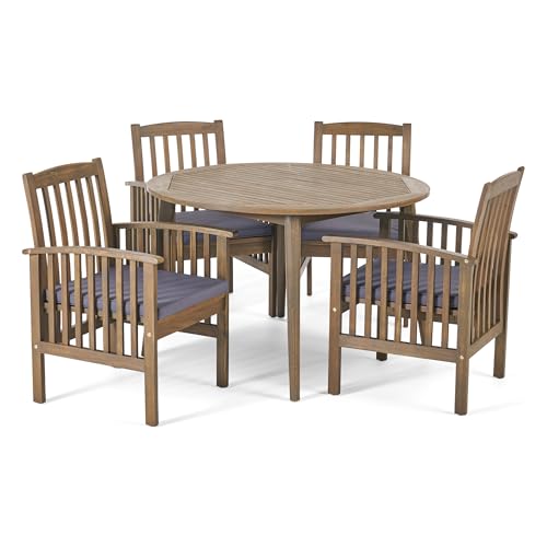 Christopher Knight Home Casa Outdoor Acacia Wood 5 Piece Dining Set with Round Table and Cushions Gray + Dark Gray