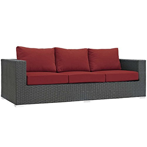 Modway Sojourn Wicker Rattan Outdoor Patio Sunbrella Fabric Sofa in Canvas Red