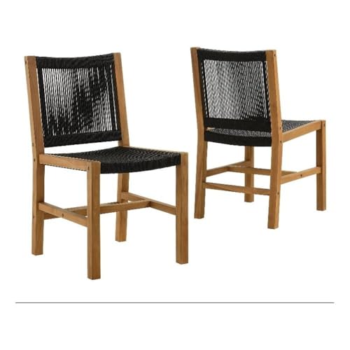 Modway Vienna Outdoor Patio Teak and Rope Armless Dining Chair Set of 2 in Natural Black – Woven Rope Side Chairs – Teak Outdoor Dining Chairs – Weather-Resistant Deck Chairs