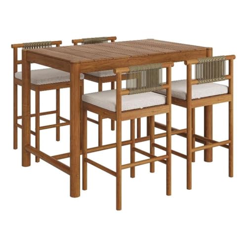 Modway Eleni 5-Piece Outdoor Teak Wood Bar Set in Natural Sail – 56 Inch Rectangular Patio Bar Table with 4 Bar Chairs