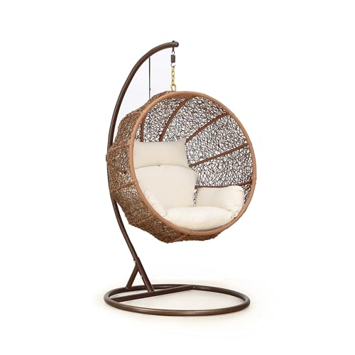 Manhattan Comfort Zolo Egg Patio Swing Chair with Removable Water-Repellent Cushion, All-Weather Metal & Wicker Rattan Hanging Lounge, for Indoor and Outdoor Use, Free-Standing Design, Cream