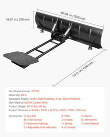 VEVOR Snow Plow Kit 60 in Universal Plow Attachment 3 Mount Options Black