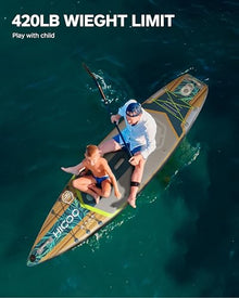 HICOO Inflatable Paddle Board with Kayak Seat, Double Blade Paddle, Waterproof Bag - Wooden Dark Blue