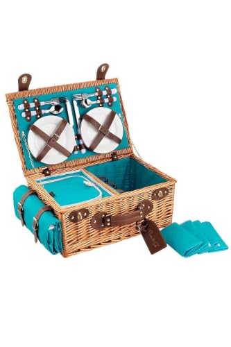 Handmade Wicker Picnic Basket for 4 People, Insulated Wood Design with Plaid Pattern, Durable and Stylish Outdoor Activity Carrier - Brown