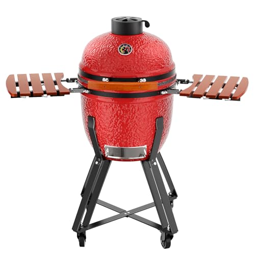 HAUSVITA 18‘’ Ceramic Grill, Portable Camping Grill with Cart and Side Shelves, Tabletop Barbecue Grill for Home Party and Outdoor Backyard Cooking, Blaze Red