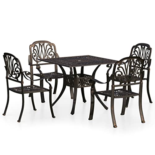 KUPTYERFG 5-Piece Cast Aluminum Patio Bistro Set, Outdoor Dining Table and Chairs with Umbrella Hole, Bronze Round Table and 4 Chairs for Garden, Yard, Terrace