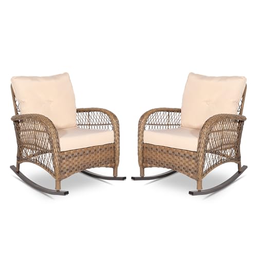 VIVIJASON 2 Piece Patio Wicker Rattan Rocker Chair, Outdoor Rattan Rocker Chair with Cushions & Steel Frame, All-Weather Rocking Lawn Wicker Furniture for Garden Backyard Porch (Beige)