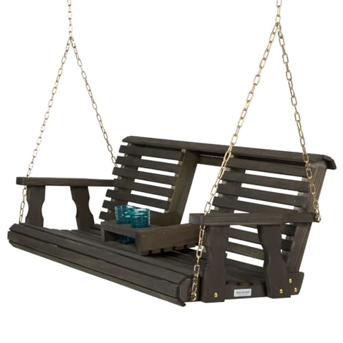 Porchgate Amish Heavy Duty Console Porch Swing with Fold Down Cup Holders in Dark Walnut Stain - Amish Made in The USA from Treated Pine, Hanging Chains Included