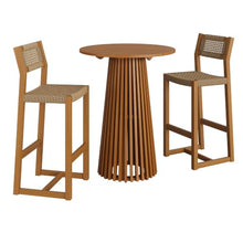 Modway Reed Teak Wood Patio 3-Piece Outdoor Bar Set in Natural - Round Bar-Height Table and 2 Bar Stools with Faux Rattan Seat and Back