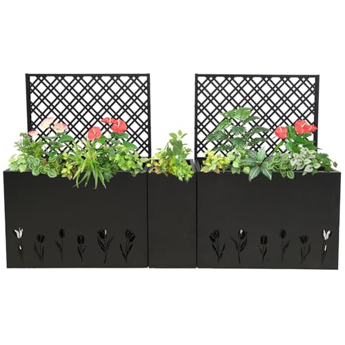SRECELL Metal Planter with Trellis Set of 3, Raised Garden Bed for Flowers, Vegetables & Vines, Tall Planter Boxes with Drainage for Patio, Balcony, Garden Privacy & Decoration, Black