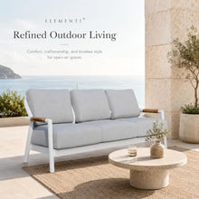 Outdoor Couch Elementi Santorini Patio Sofa, 3 Seat Outdoor Furniture Sofa with Aluminum Teak Rope Frame and Sunbrella Natté Grey Chiné Cushions, White, 81.9 x 32.7 x 31.5 in