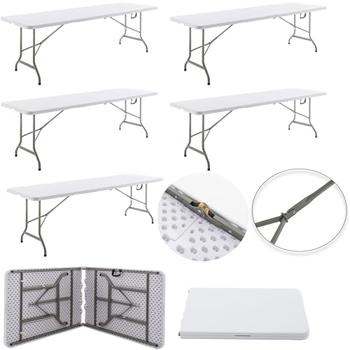 BTEXPERT Set of 5, 8-Foot - 96" Long White Plastic Folding Table Portable 30" Wide, 29" High, Indoor Outdoor Events Banquet Dining Party Patio