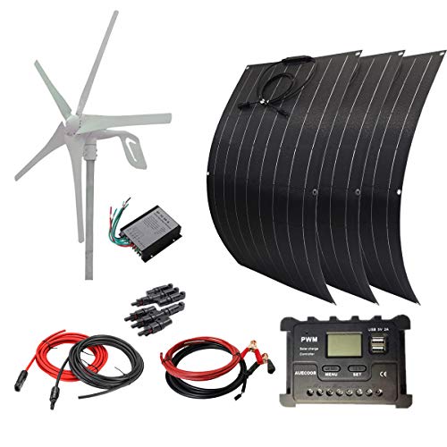 AUECOOR 700W Solar Wind Power Kit: 300W Flexible Monocrystalline Solar Panel + 400W 12V Wind Turbine Generator + Accessories for Home, Boat, Farm, Off Grid Application