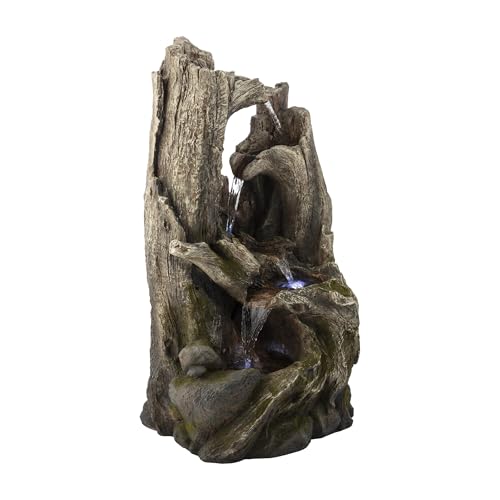 Alpine Corporation 40" Tall 4-Tier Rainforest Tree Trunk Waterfall Fountain with LED Lights, Outdoor Garden, Patio, Yard, and Porch Water Feature Decor