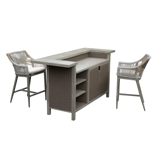 callmego Farmhouse Bar Table Set with 2 Stools and Storage Cabinet for Outdoor Grilling, Patio Entertaining, or Indoor Kitchen Island Use