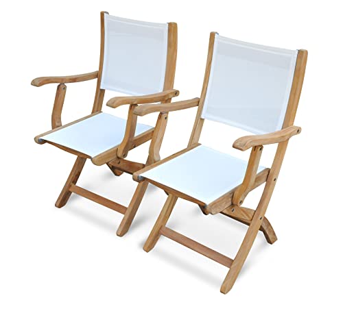 Teak Folding Chair with arms Sling Seat - Pair (White)