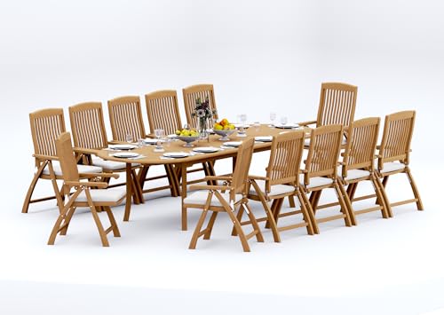 TeakStation 12 Seater Grade-A Teak Wood 13 Pc Dining Set: 118" Double Extension Oval Table and 12 Marley Folding Reclining Arm Chairs #31MR2612