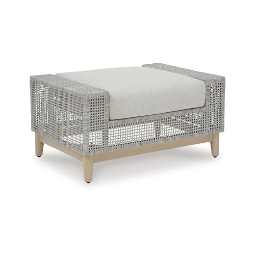 Benzara Yami Outdoor Ottoman, 35 Inch, Gray Woven Resin Wicker, Cushioned Seat