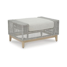 Benzara Yami Outdoor Ottoman, 35 Inch, Gray Woven Resin Wicker, Cushioned Seat