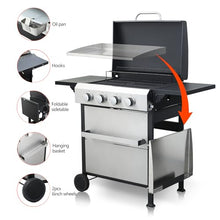 Propane Gas Grill,4-Burner BBQ Grill,with Enamel Grids/Foldable Side Table Hanging Basket,for Picnic, Backyard Party