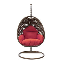 LeisureMod Wicker Rattan Hanging Egg Swing Chair with Stand & Cushion - Red Swing Chair for Indoor/Outdoor, Patio, Bedroom, Lounge Seat